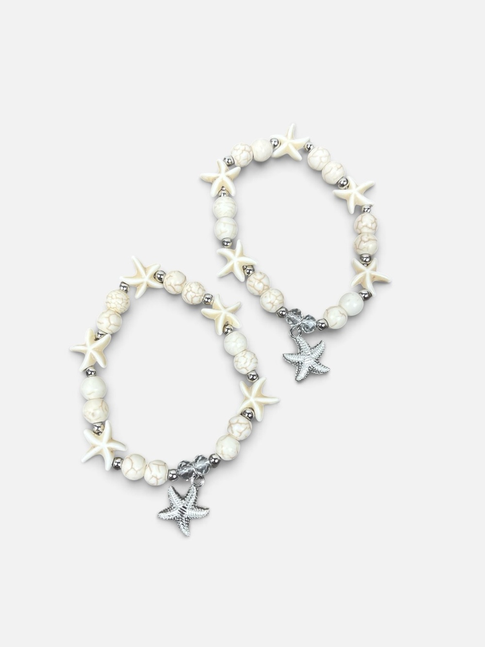 Beaded Starfish Charm Bracelets - Cream & Silver (Set of 2)